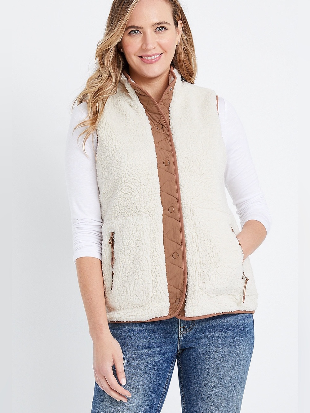 Como Vintage Cream Sherpa Vest with Tan Trim